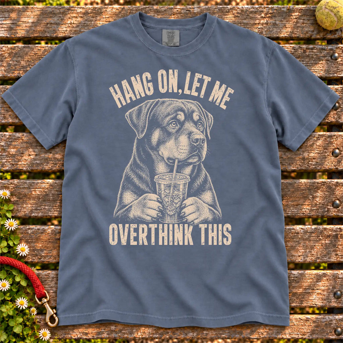 Overthinking Rottweiler design on a Denim Comfort Colors T-shirt, shown flat