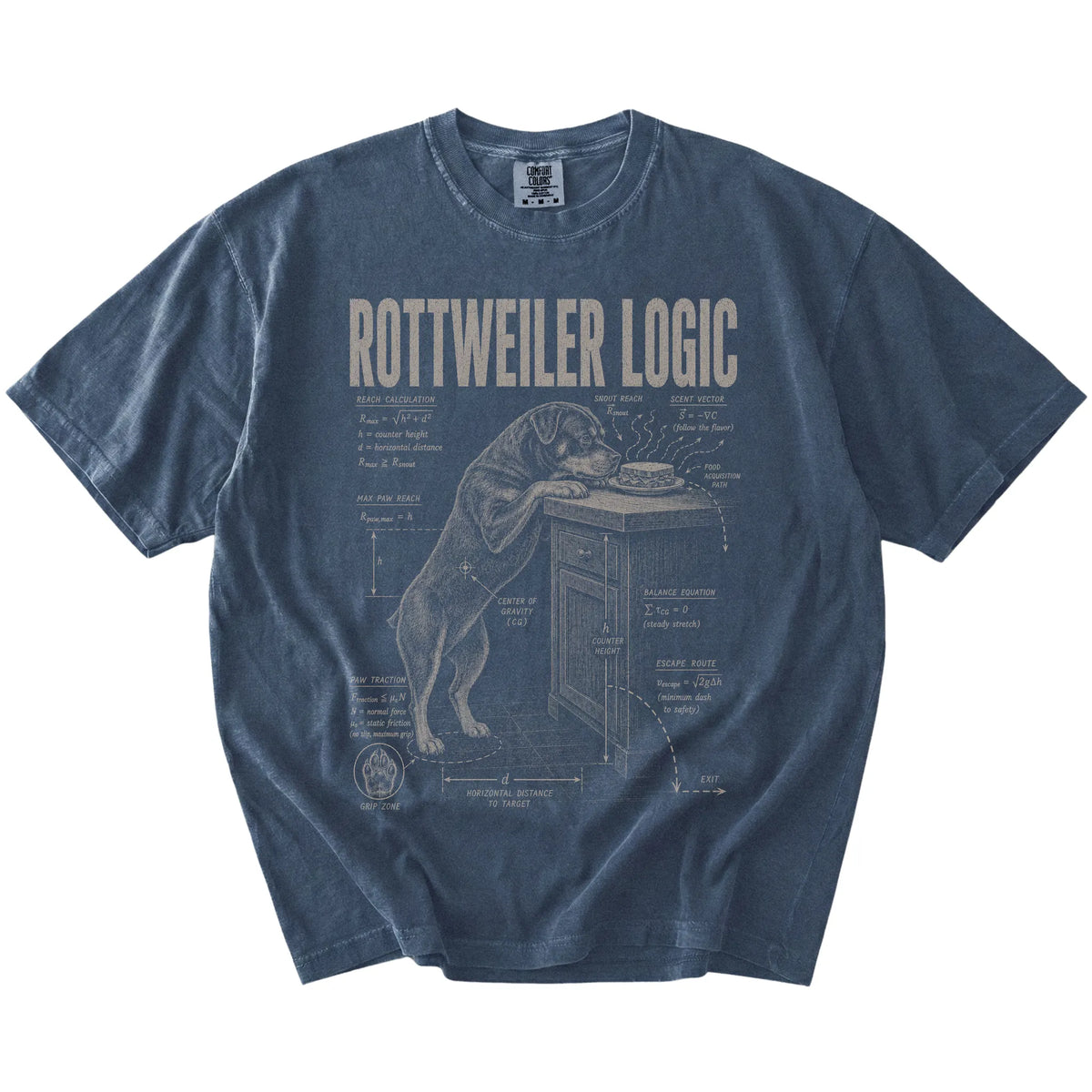 Denim Rottweiler Logic t-shirt laid flat
