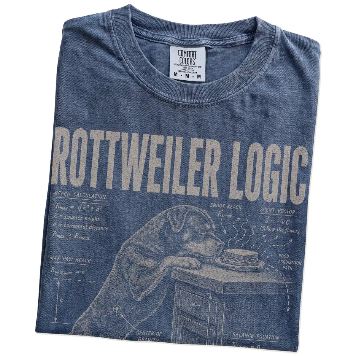 Folded Denim Rottweiler Logic t-shirt showing the graphic