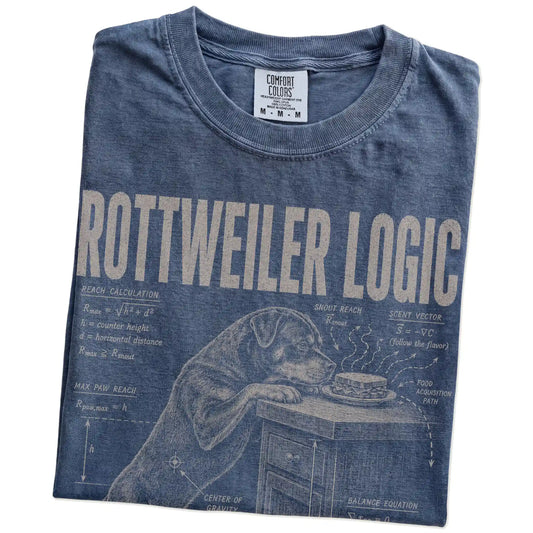Folded Denim Rottweiler Logic t-shirt showing the graphic