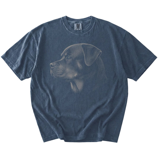A detailed photographic portrait of a Rottweiler on a Denim Comfort Colors® T-shirt