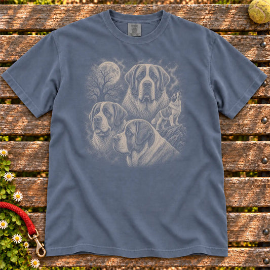 Saint Bernard 90s Moon design on a Denim T-shirt shown flat