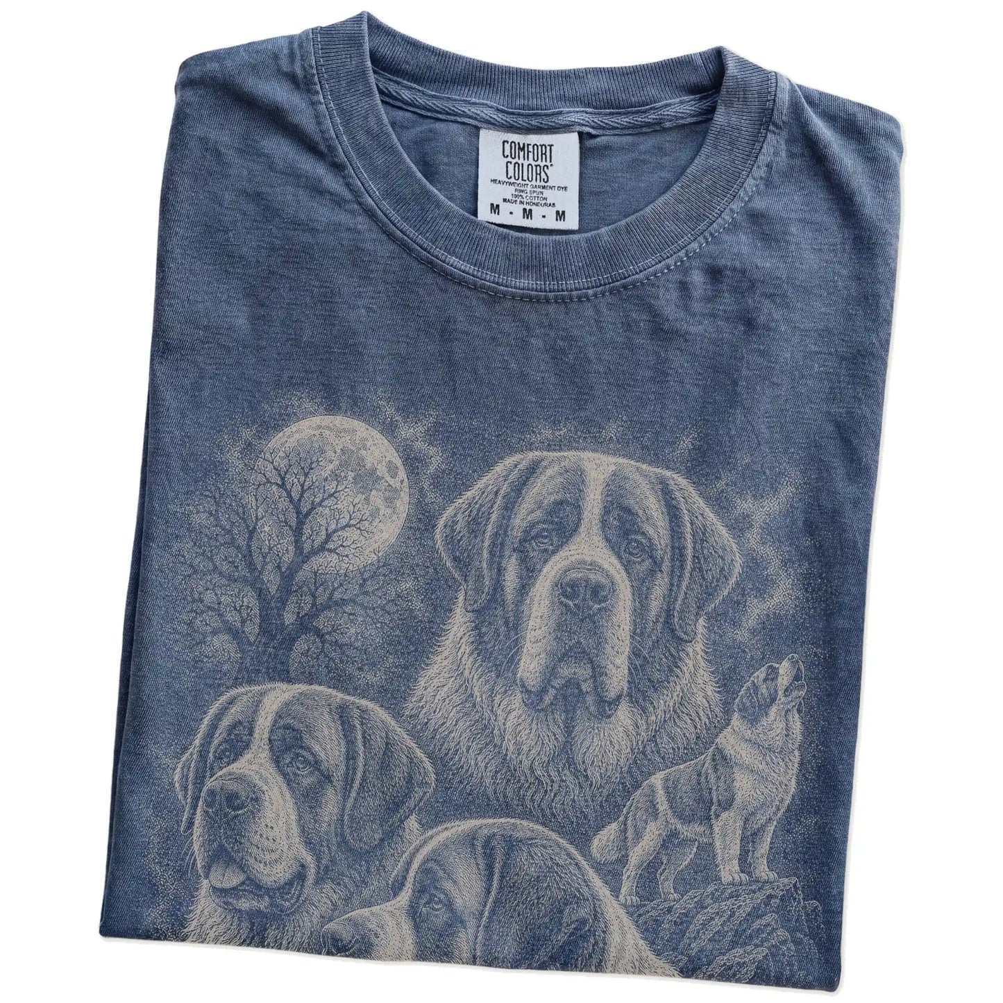 Folded Denim Comfort Colors® T-shirt showing a vintage moon montage featuring Saint Bernard