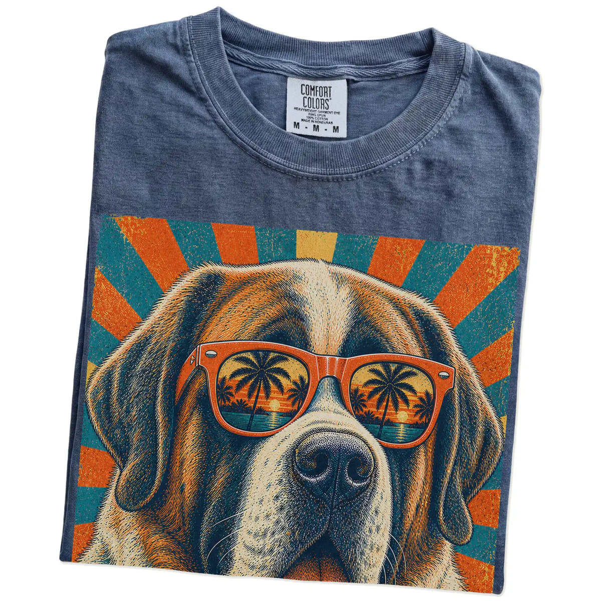 Retro Saint Bernard Dad design on a Denim Comfort Colors T-shirt folded detail
