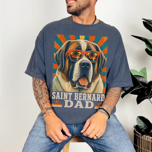 Retro Saint Bernard Dad design on a Denim Comfort Colors T-shirt worn by a model