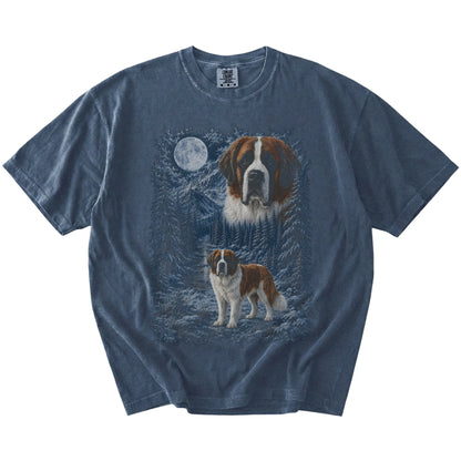 Saint Bernard in a snowy winter forest on a Denim t-shirt