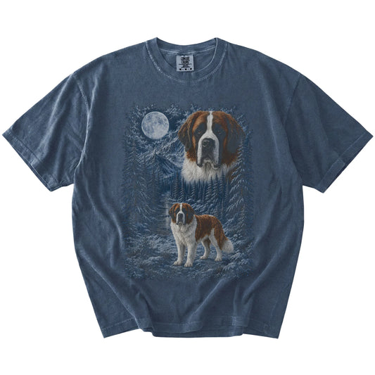 Saint Bernard in a snowy winter forest on a Denim t-shirt