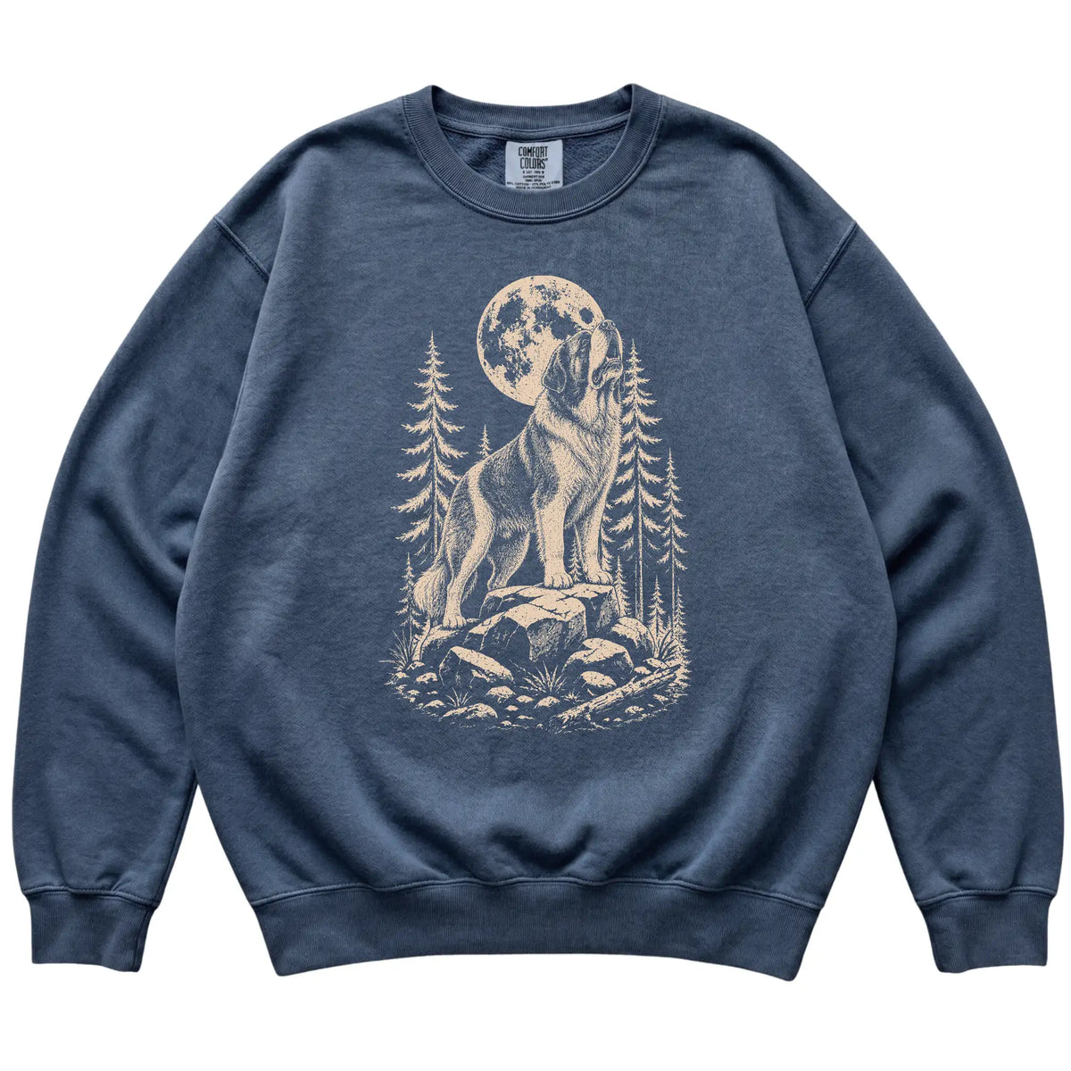 Close view of Saint Bernard Howling at the Moon artwork on Denim Comfort Colors sweatshirt
