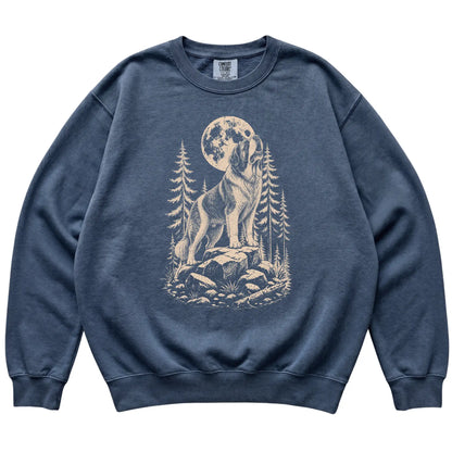 Close view of Saint Bernard Howling at the Moon artwork on Denim Comfort Colors sweatshirt