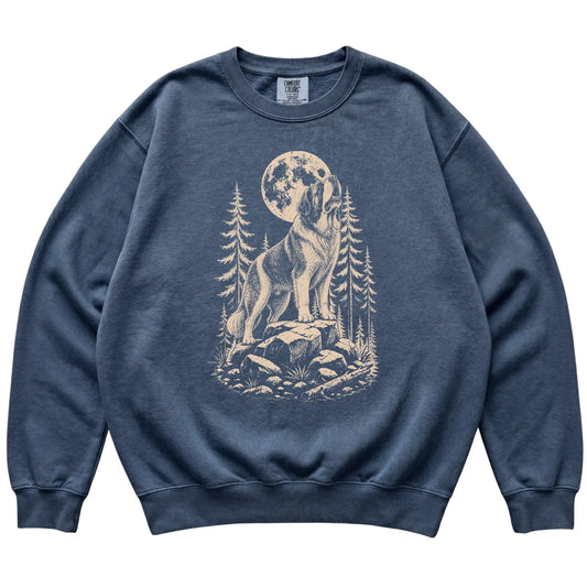 Close view of Saint Bernard Howling at the Moon artwork on Denim Comfort Colors sweatshirt