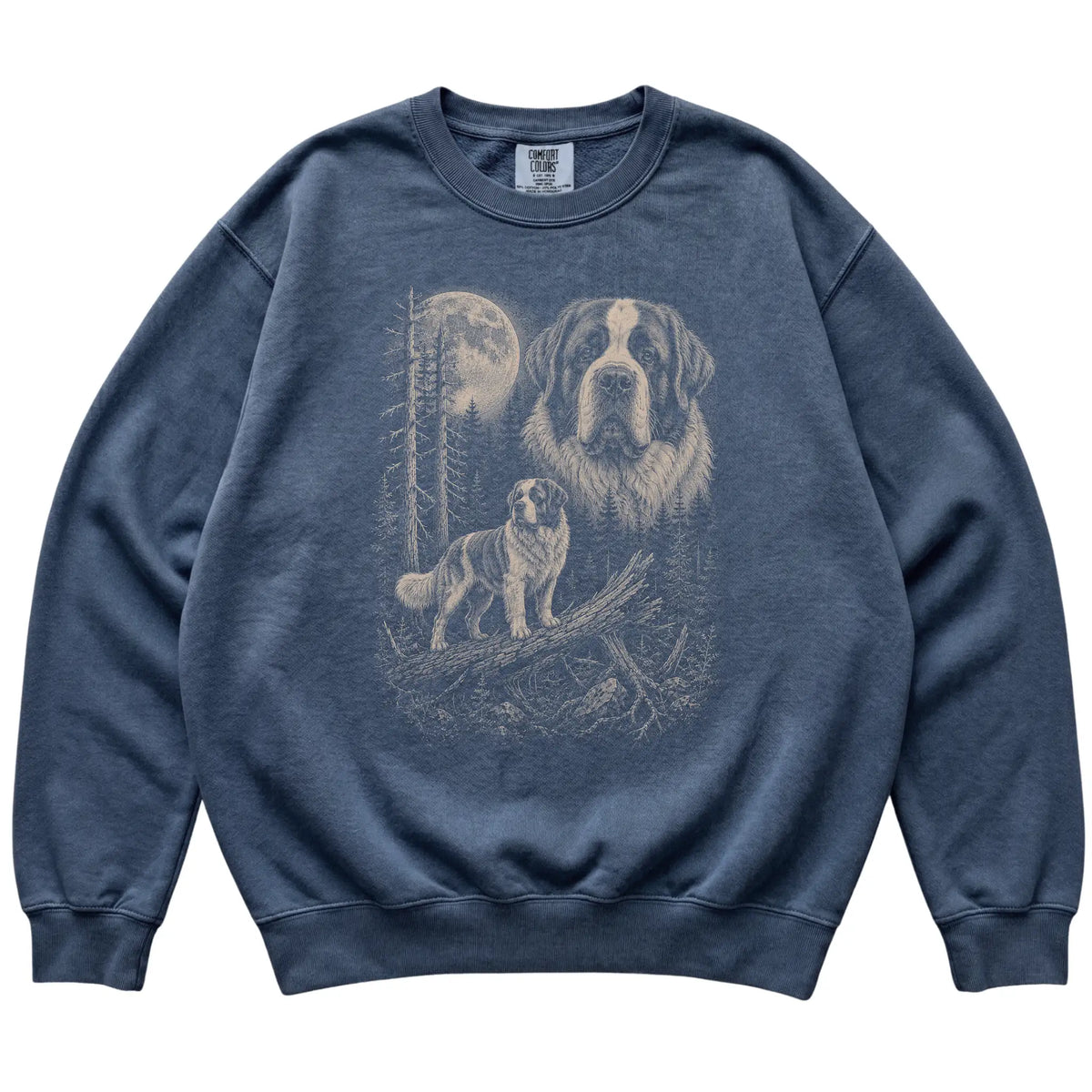 Denim Saint Bernard Moonlit Forest Comfort Colors sweatshirt, flat view