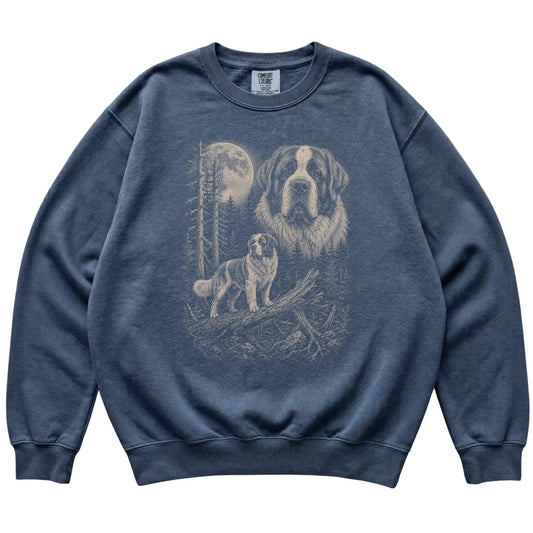 Denim Saint Bernard Moonlit Forest Comfort Colors sweatshirt, flat view