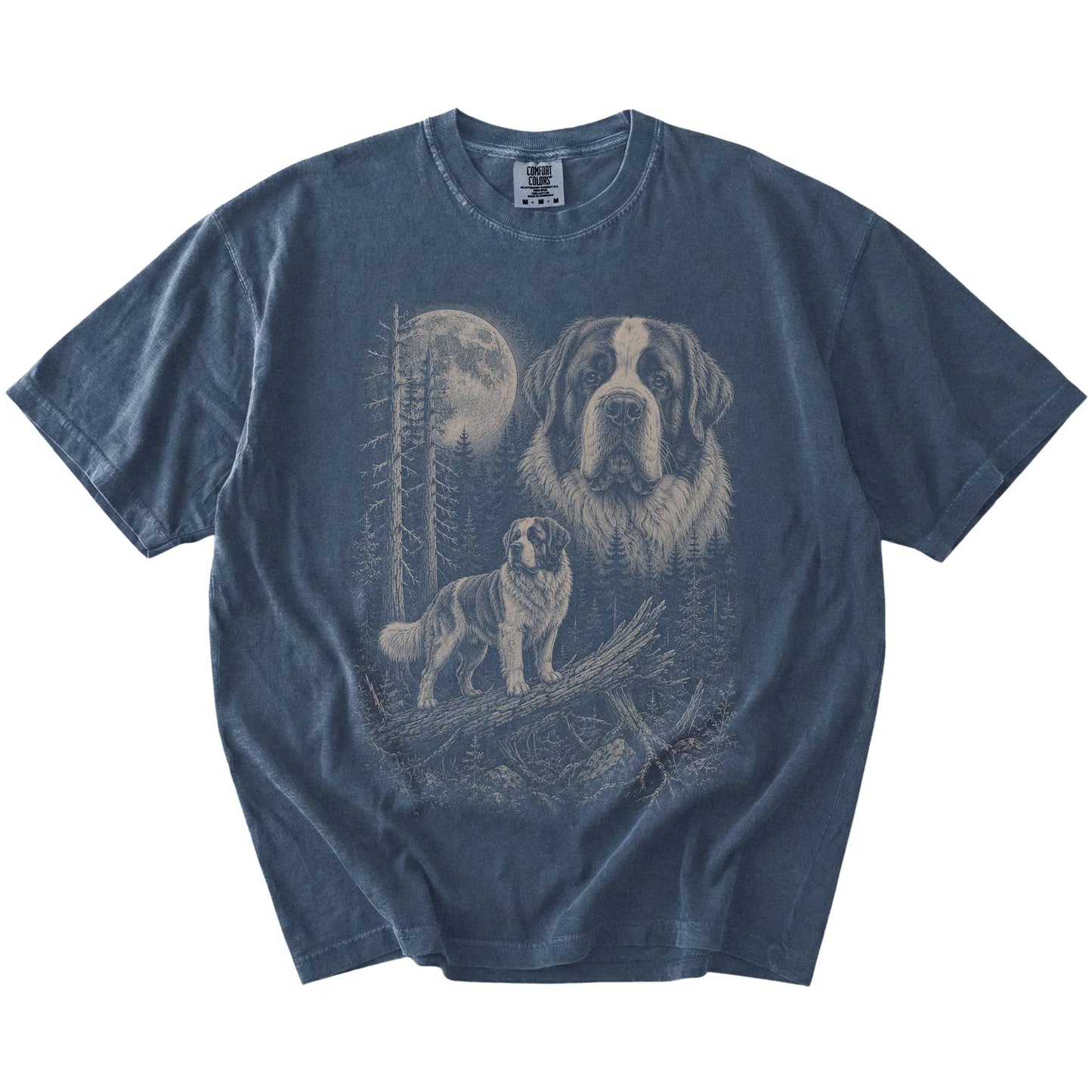 Denim Saint Bernard Moonlit Forest T-Shirt laid flat