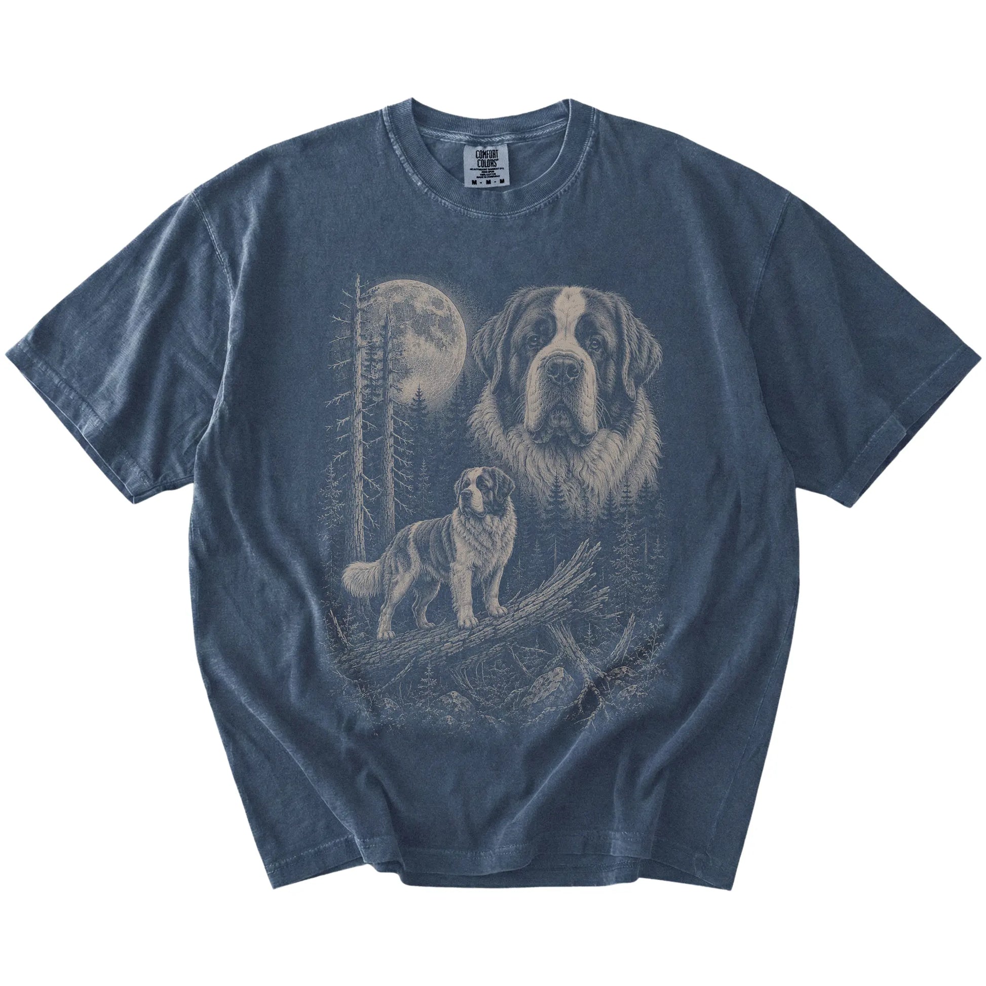 Denim Saint Bernard Moonlit Forest T-Shirt laid flat