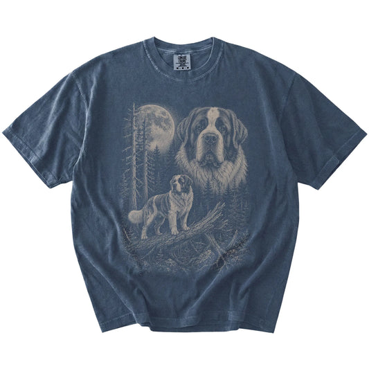 Denim Saint Bernard Moonlit Forest T-Shirt laid flat