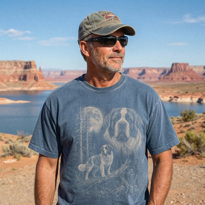 Man wearing a Denim Saint Bernard Moonlit Forest T-Shirt