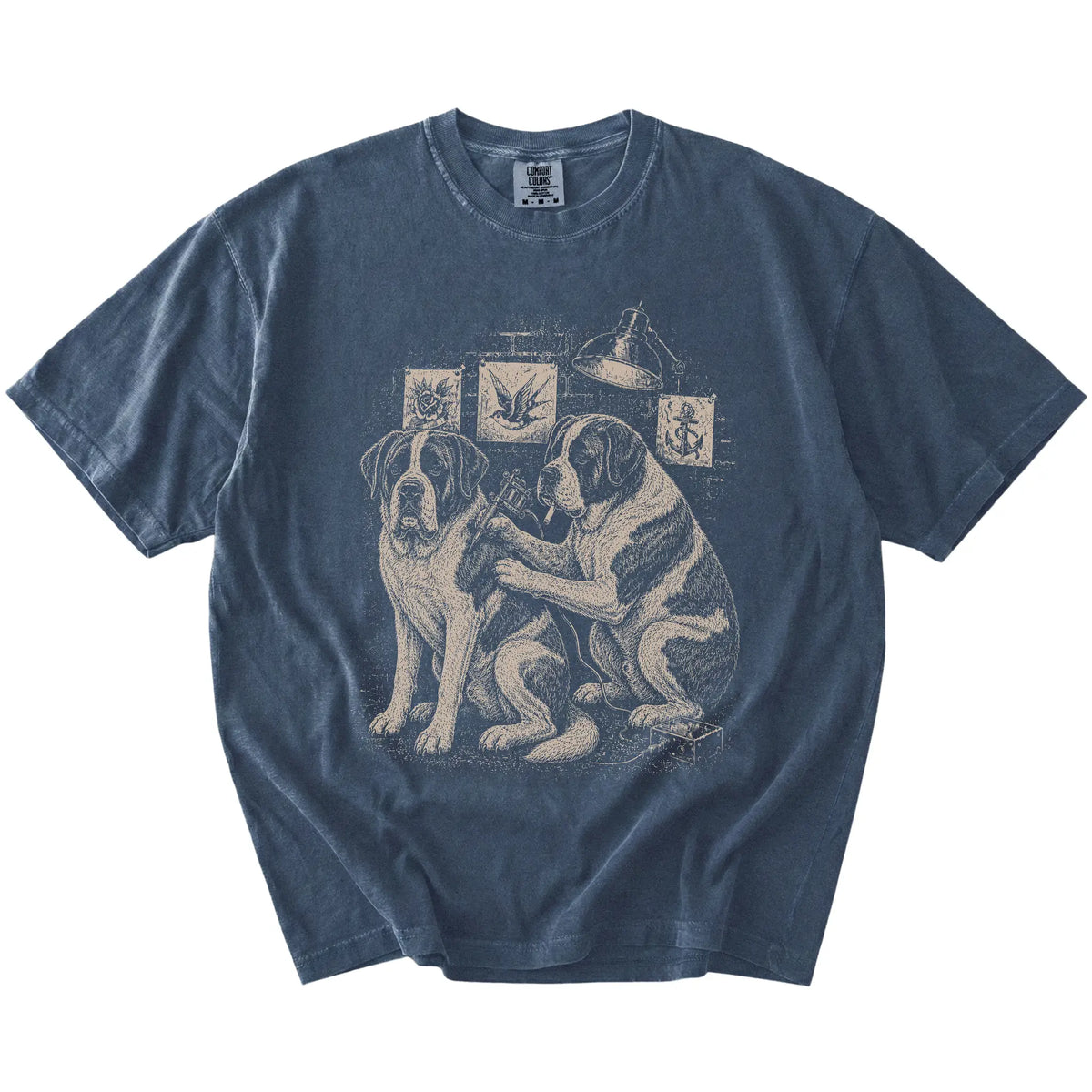 Denim Saint Bernard Tattoo t-shirt laid flat