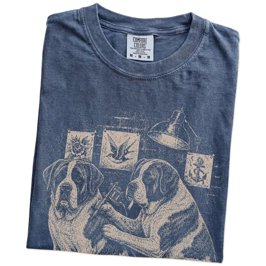 Folded Denim Saint Bernard Tattoo t-shirt showing the graphic
