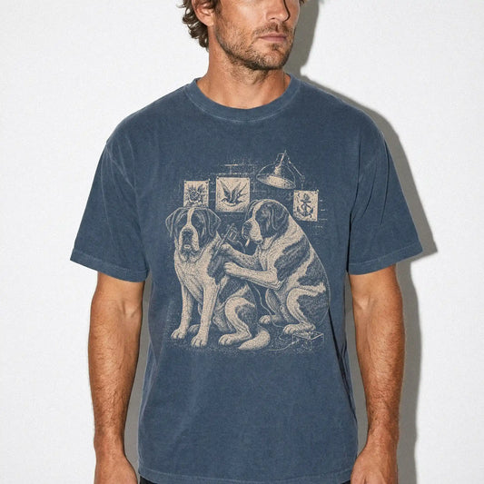 Person wearing a Denim Saint Bernard Tattoo t-shirt