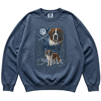 denim sweatshirt with Saint Bernard Winter Moon artwork.