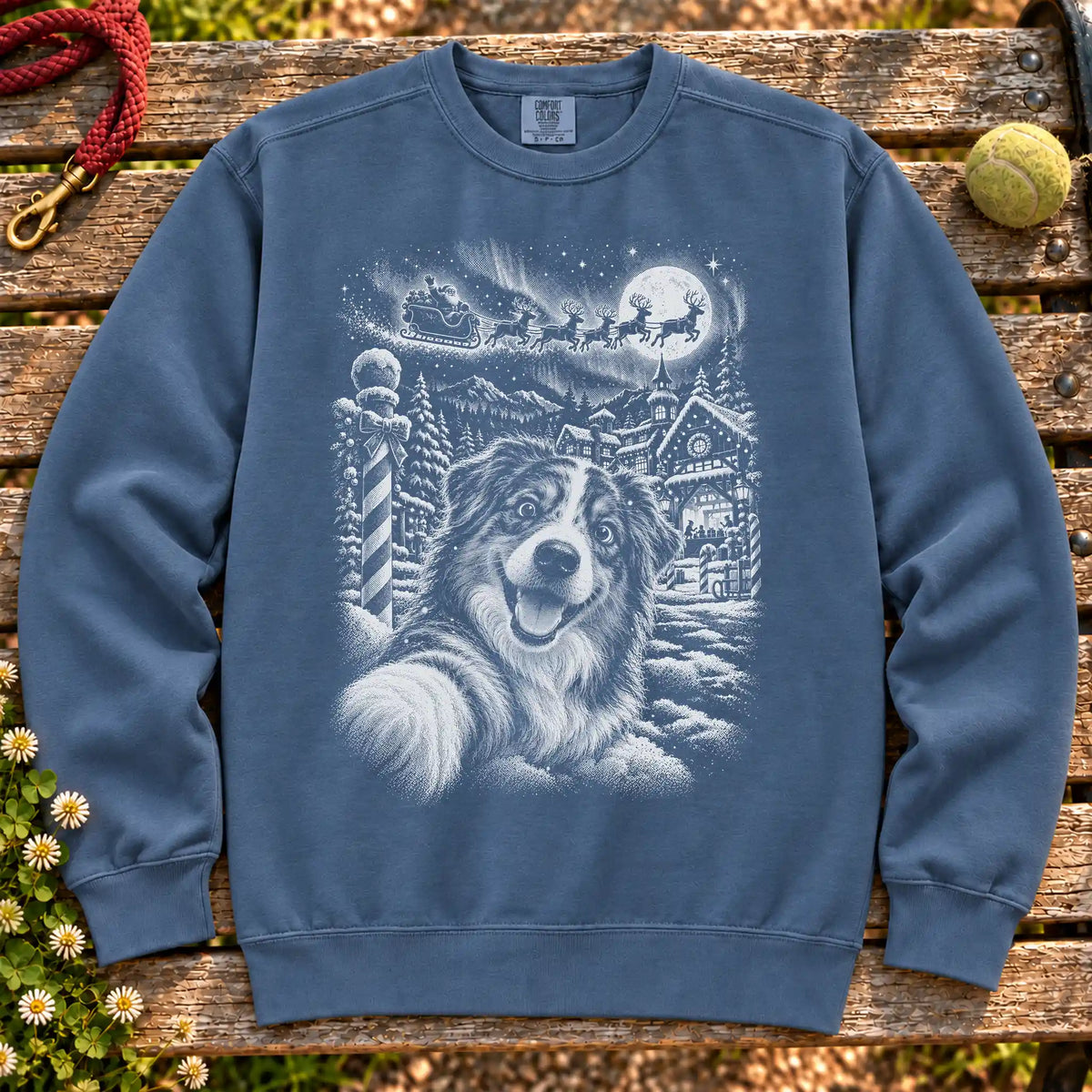 Australian Shepherd Santa Selfie design on a Denim sweatshirt