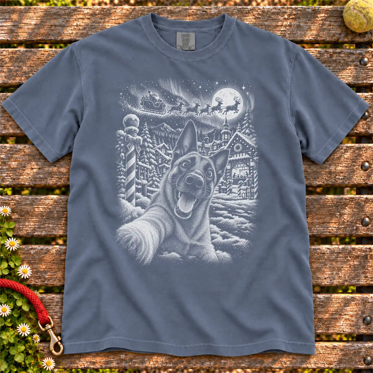 Belgian Malinois Santa Selfie design on a Denim T-shirt