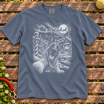 Belgian Malinois Santa Selfie design on a Denim T-shirt