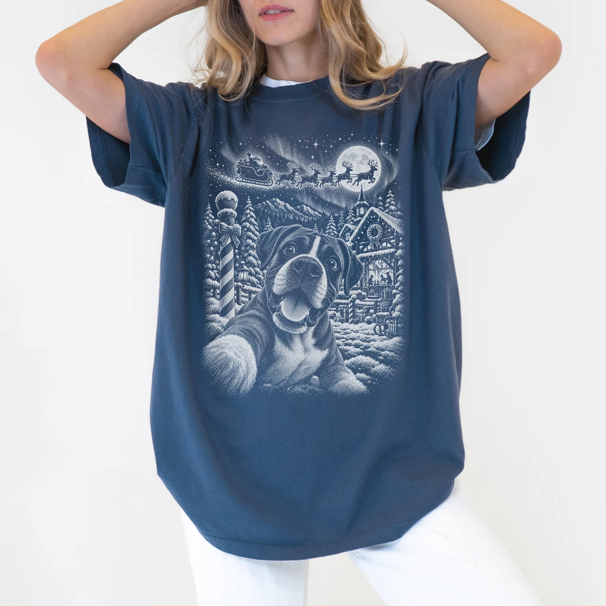 Woman wearing a Denim Boxer Santa Selfie T-shirt