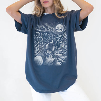 Woman wearing a Denim Boxer Santa Selfie T-shirt