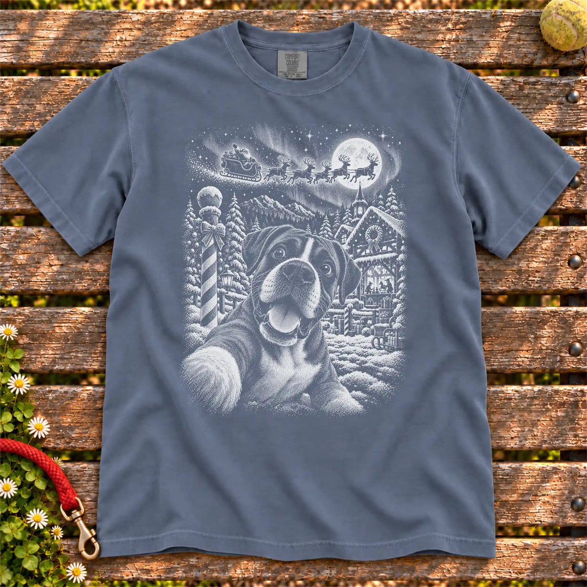 Boxer Santa Selfie design on a Denim T-shirt