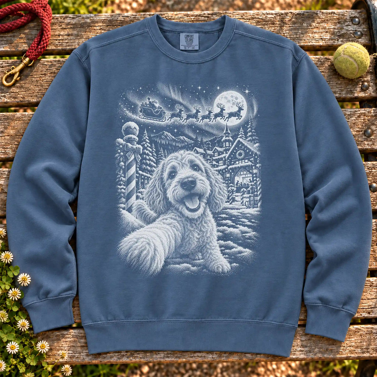 Goldendoodle Santa Selfie design on a Denim sweatshirt
