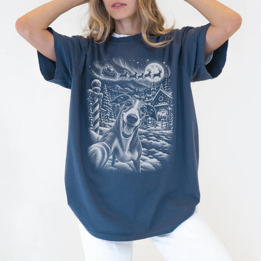 Woman wearing a Denim Greyhound Santa Selfie T-shirt