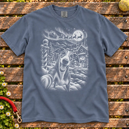 Greyhound Santa Selfie design on a Denim T-shirt