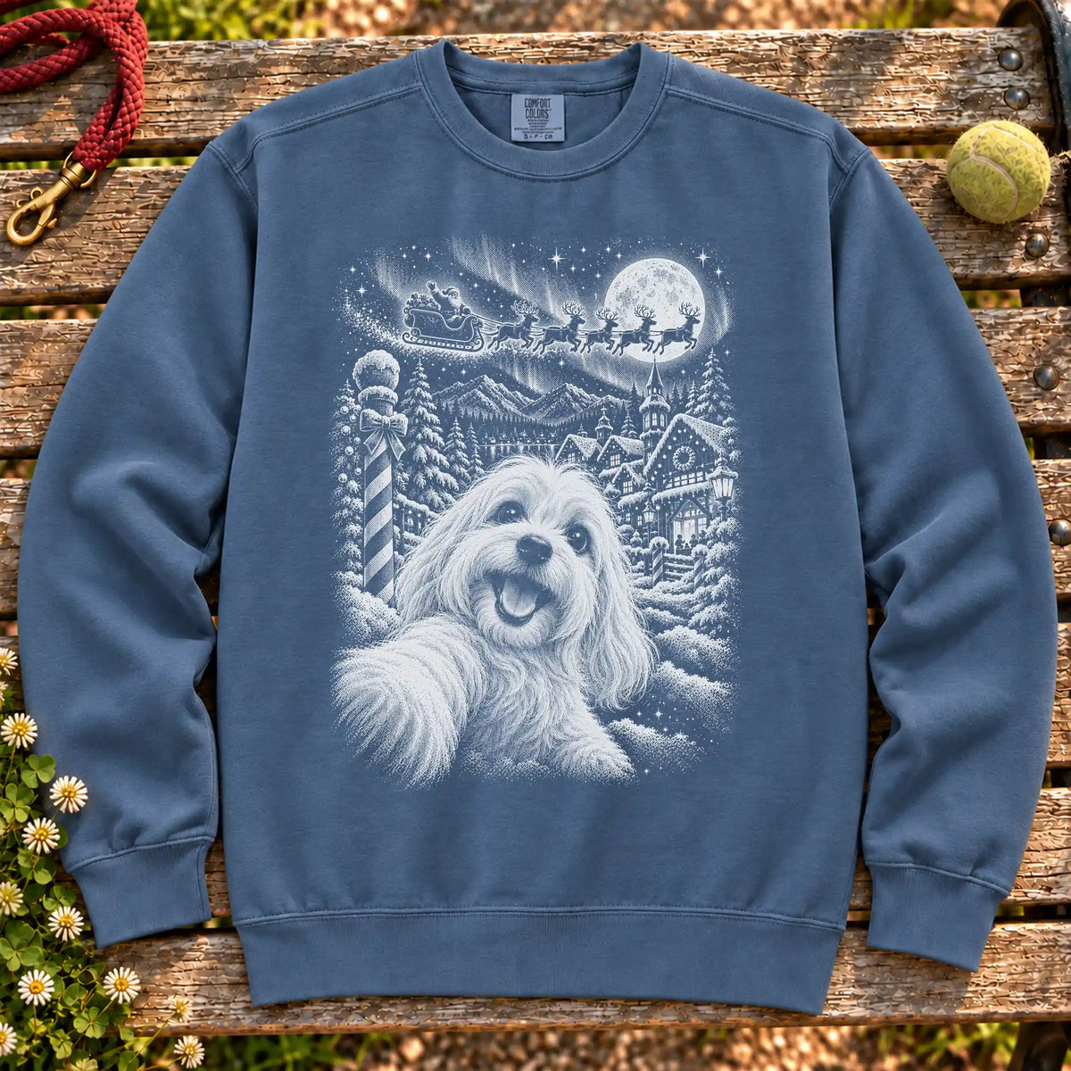 Maltese Santa Selfie design on a Denim sweatshirt