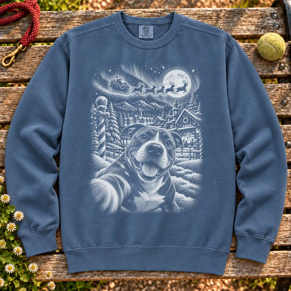 Pitbull Santa Selfie design on a Denim sweatshirt