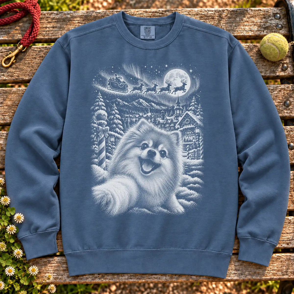 Pomeranian Santa Selfie design on a Denim sweatshirt
