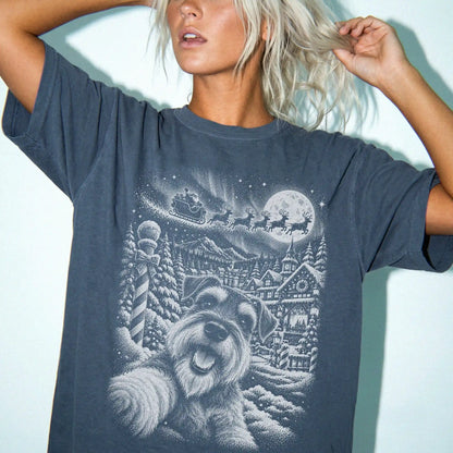 Woman wearing a Denim Schnauzer Santa Selfie T-shirt