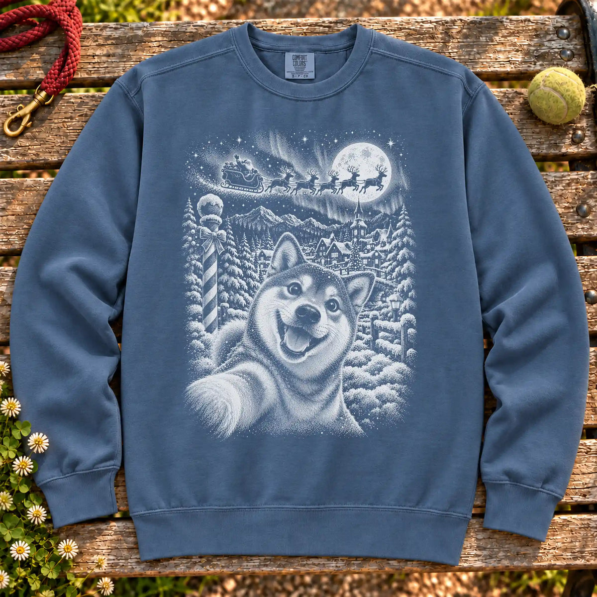 Shiba Inu Santa Selfie design on a Denim sweatshirt