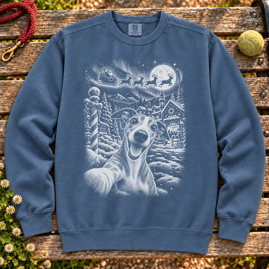 Whippet Santa Selfie design on a Denim sweatshirt