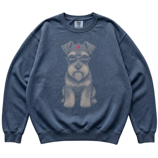 Denim Comfort Colors sweatshirt featuring Schnauzer Ask My Assistant, laid-flat presentation