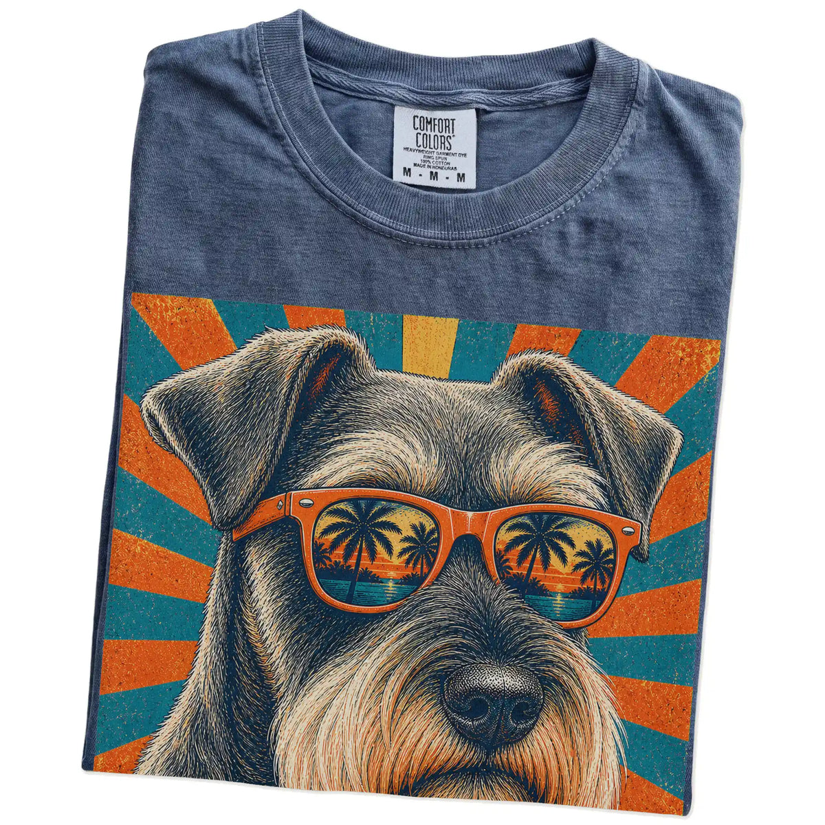Retro Schnauzer Dad design on a Denim Comfort Colors T-shirt folded detail