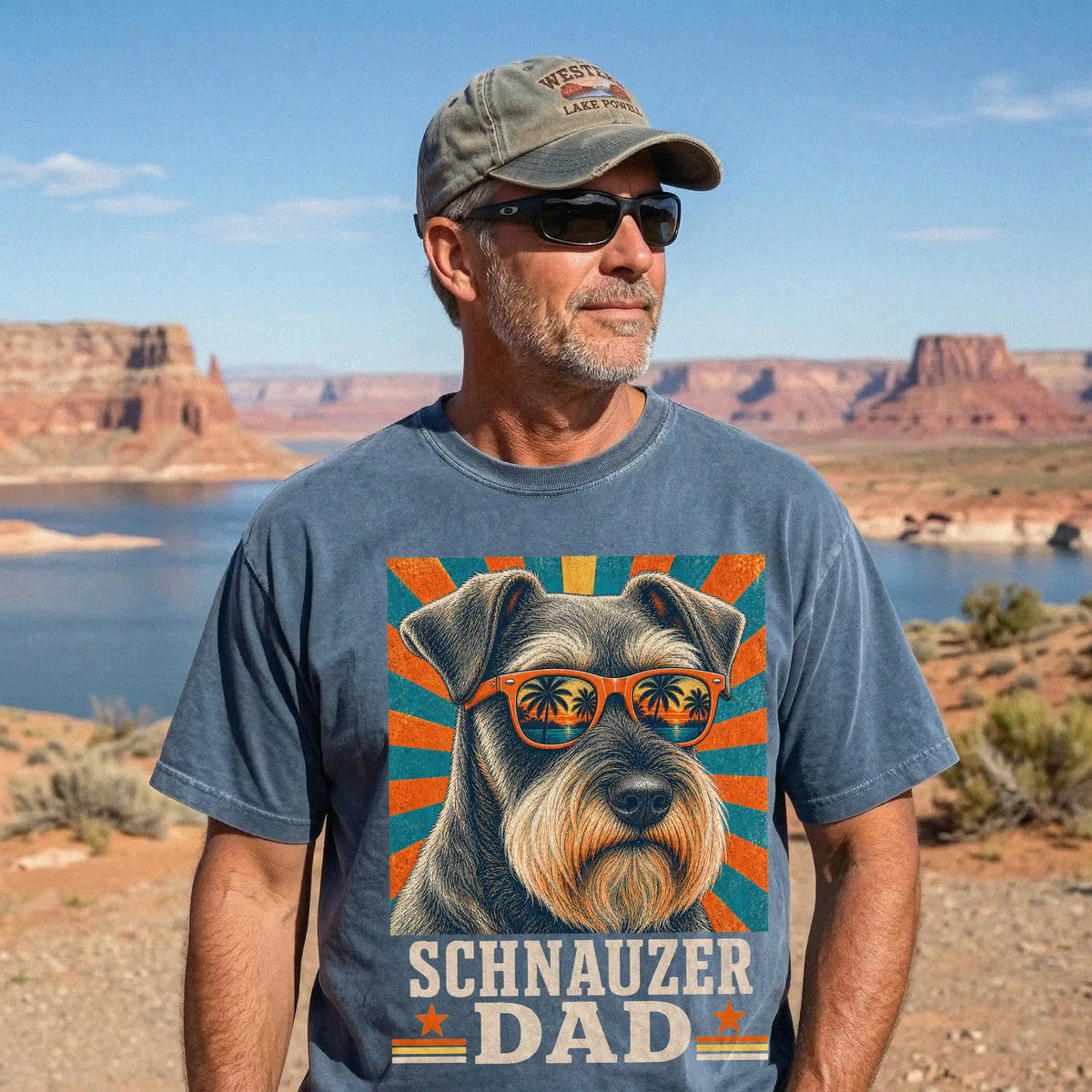Retro Schnauzer Dad design on a Denim Comfort Colors T-shirt worn by a model