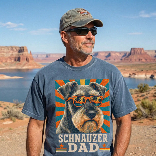 Retro Schnauzer Dad design on a Denim Comfort Colors T-shirt worn by a model