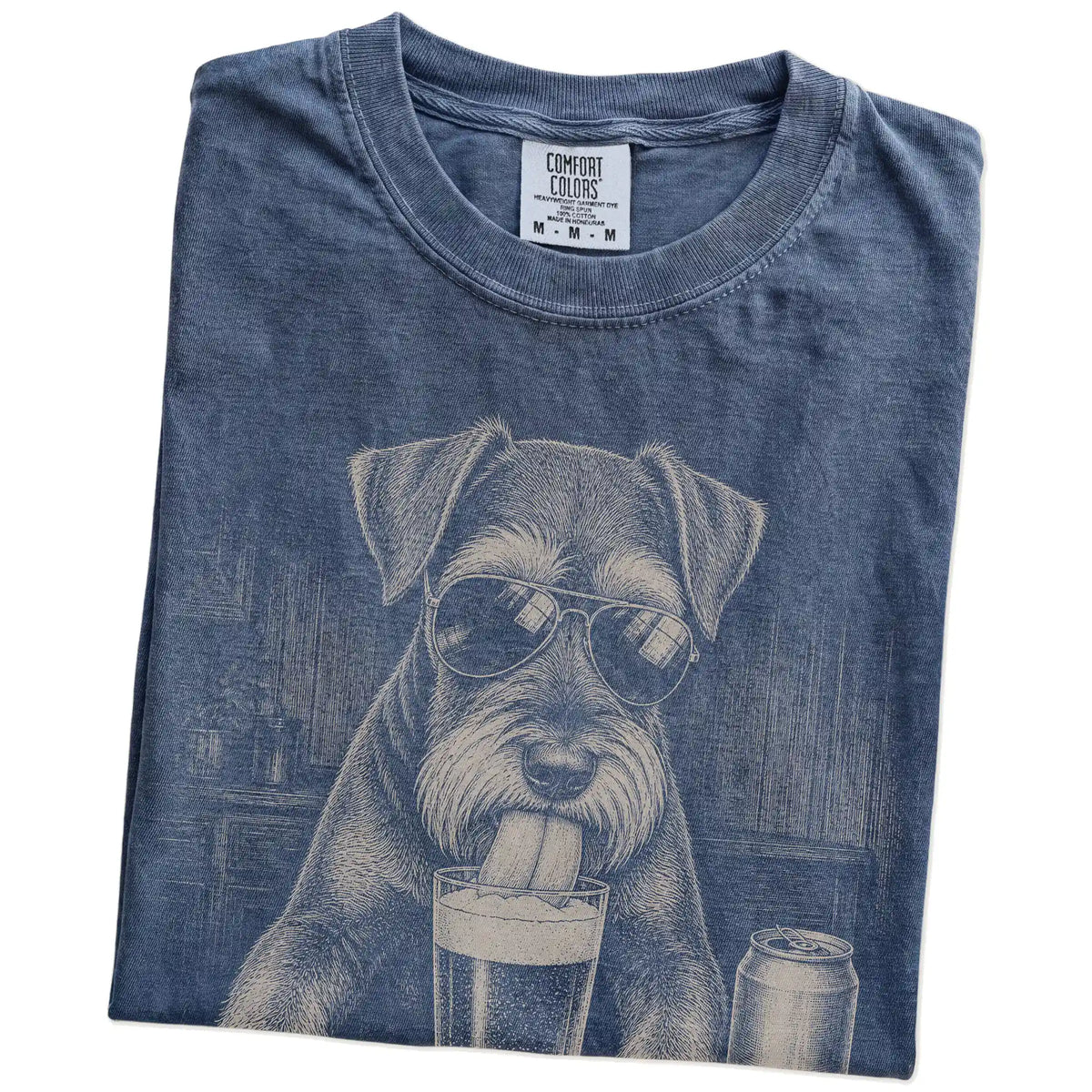 Folded Denim Comfort Colors® t-shirt showing Schnauzer sneaking a drink from a pint