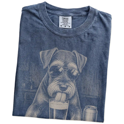 Folded Denim Comfort Colors® t-shirt showing Schnauzer sneaking a drink from a pint