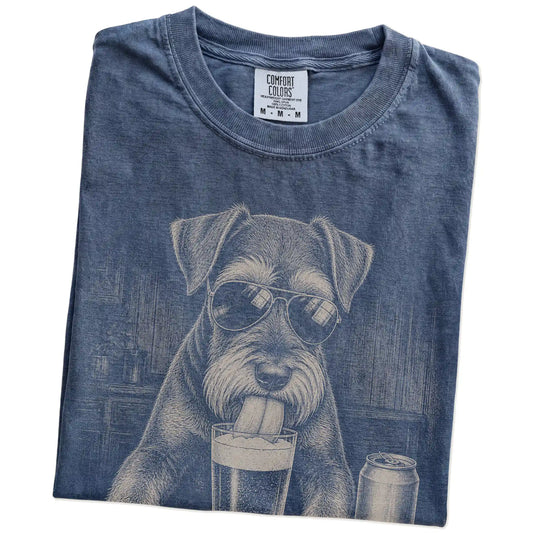 Folded Denim Comfort Colors® t-shirt showing Schnauzer sneaking a drink from a pint