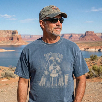 Model wearing a Denim Comfort Colors® t-shirt with Schnauzer sneaking a drink from a pint