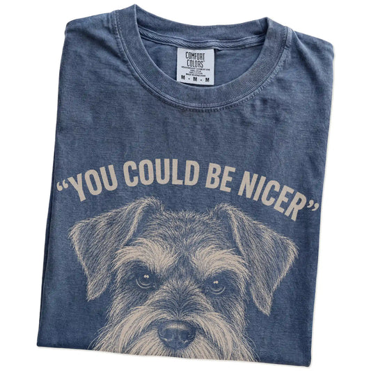 Schnauzer Guard Dog T-Shirt in Denim — folded detail