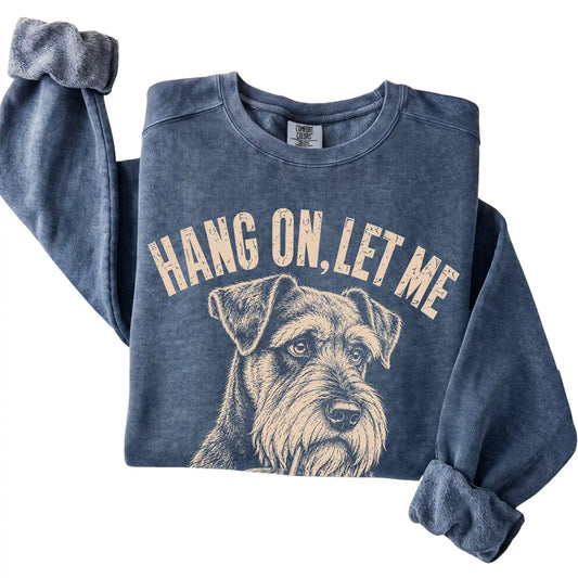 Denim Comfort Colors sweatshirt featuring Schnauzer Iced Coffee Overthink, folded presentation