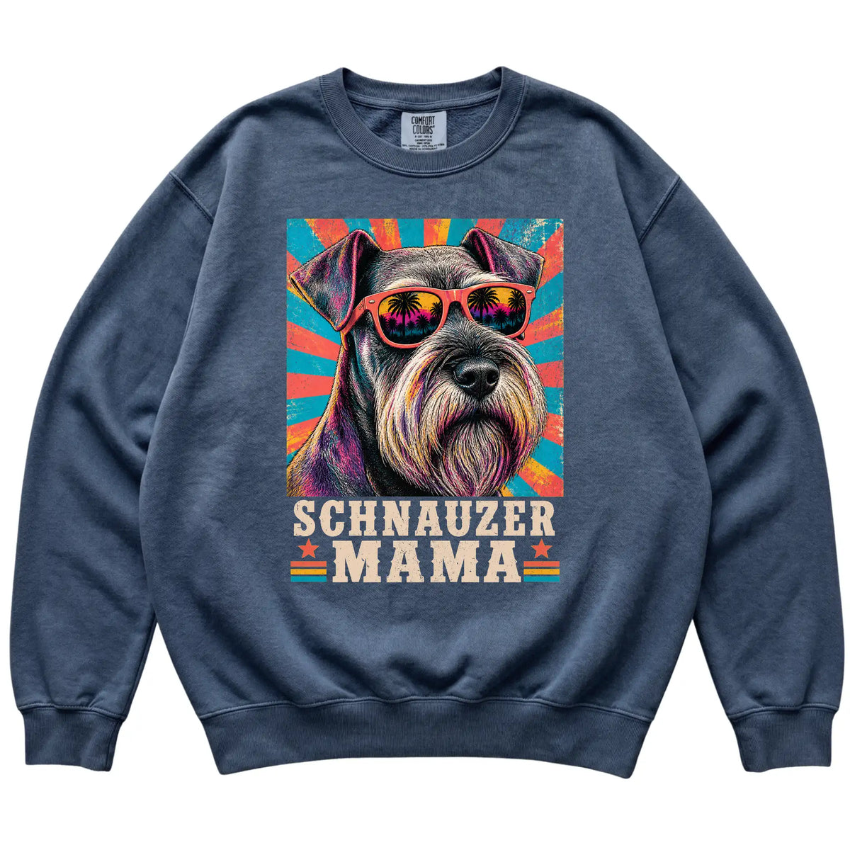 Retro Schnauzer Mama design on a Denim Comfort Colors sweatshirt